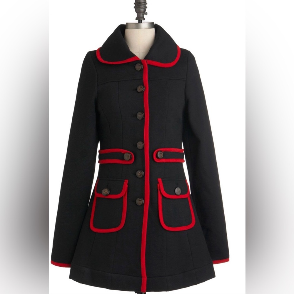 ModCloth Knitted Dove Black Coat with Red Trim Retro Vintage Size Small